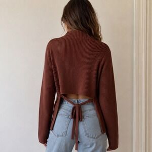 Babaton Chocolate Brown Opal Ambrosia Sculpt Knit Top Tie Back XL Minimalist